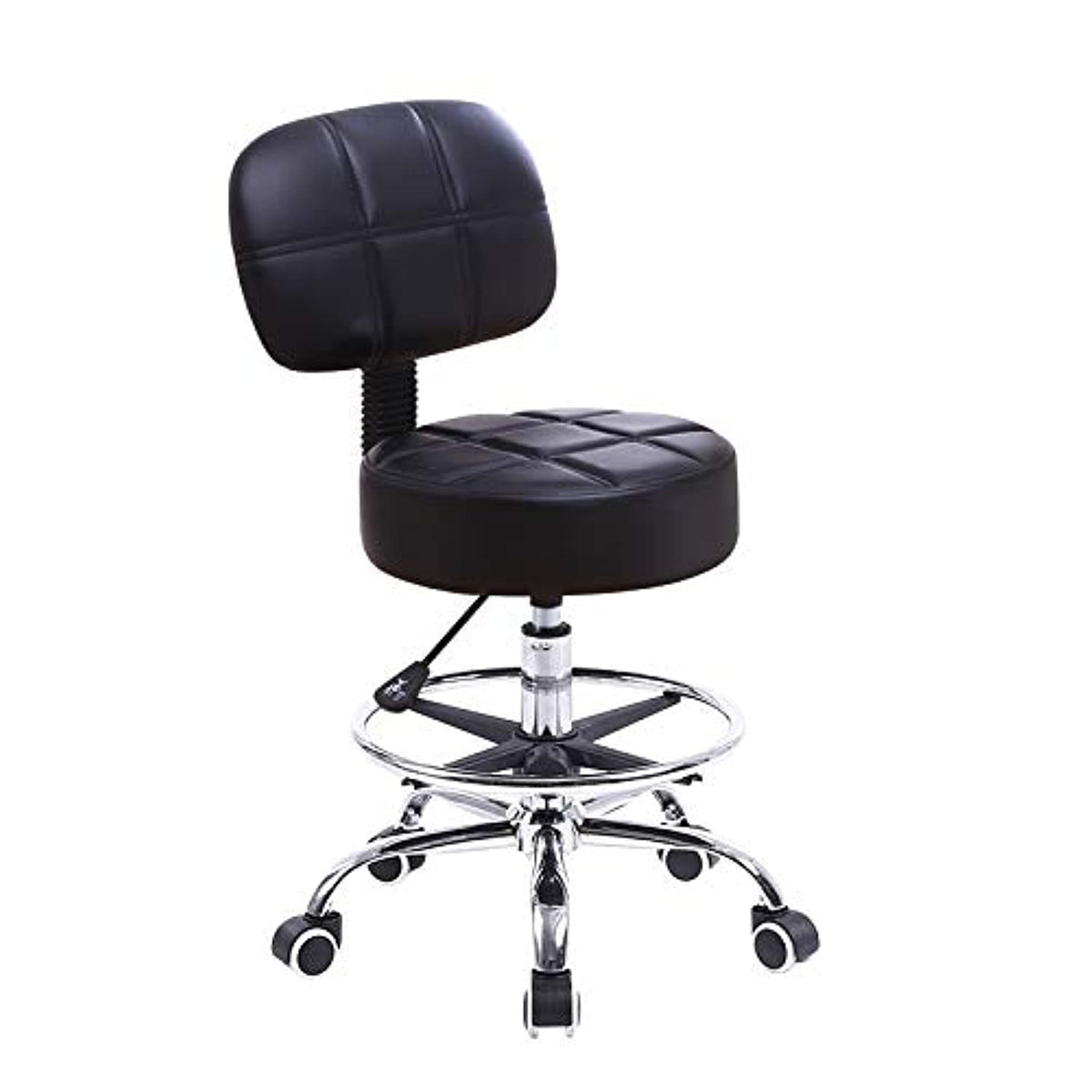 Kktoner Swivel Round Rolling Stool Pu Leather with Adjustable Foot Rest Height Adjustable Task Work Drafting Chair with Back (black)
