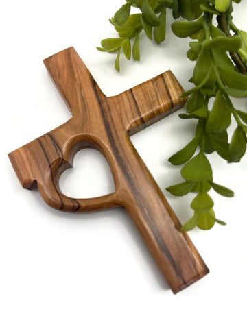 Wooden Cross for Wall, Olive Wood Cross for Baptism and Confirmation, Cross with Heart Engraved Handmade in the Holy Land,Crucifix Cross Wooden Crosses Wall Décor,Christening Gift for Girls