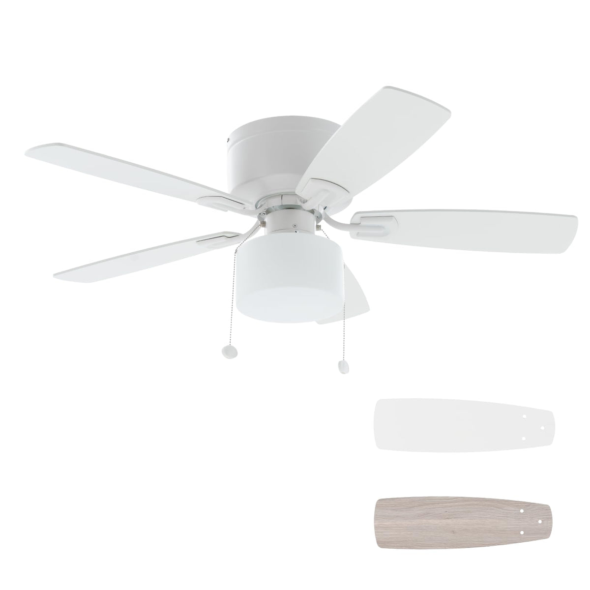 42" Pull Chain Ceiling Fan: Traditional Flush Mount Ceiling Fan with Light - LED Bulb - Dual Finish Blades - Reversible Function for Bedroom - White