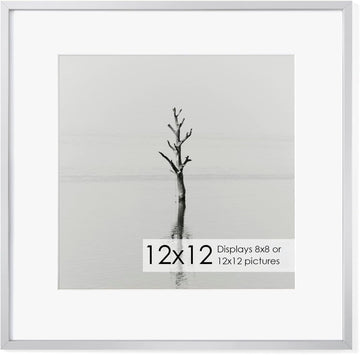 12x12 Metal Picture Frame with 8x8 Mat, Brushed Aluminum Finish, Attached Hanging Hardware, and Tempered Glass Front - Versatile Vertical or Horizontal Wall Display Frames Set of 1 - Sliver