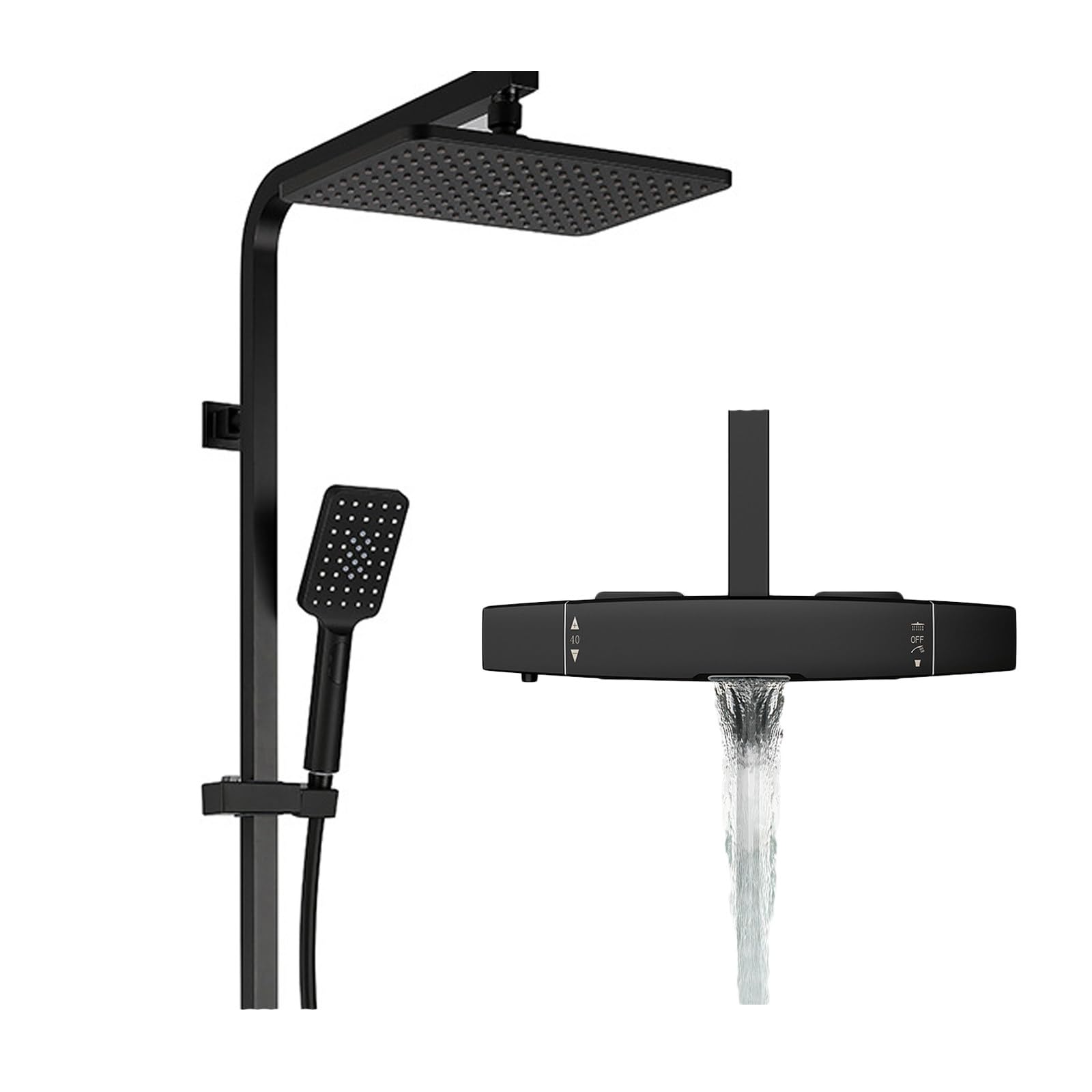 Thermostatic Shower System, Black Shower Faucet Set 3 Functions Shower Fixtures Bathroom Shower Faucet Set with Handheld Sprayer of 3 Modes, Rain Shower Head, Waterfall Tub Spout
