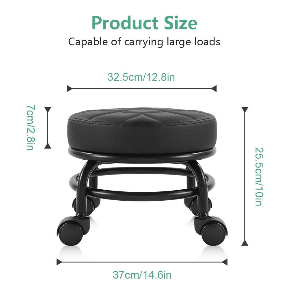 Furwoo Low Roller Seat Pu Leather Rolling Stool with Wheels for Manicure, Mechanic,home Office, Garage Shop Black, one size