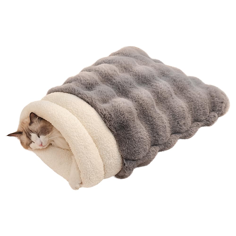 SOMAHE Cat Sleeping Bag for Indoor Cats, Faux Fur Pet Cave Bed & Burrow Nest, Reversible Plush Snuggle Sack, Portable Foldable Mat, Machine Washable, Anti-Static, 21.7"x17.7"Grey
