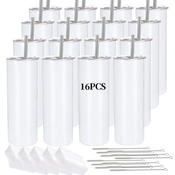 16 Pack Sublimation Tumblers Straight Skinny Tumbler Blanks Bulk 20oz for Heat Transfer, Individual Gift Boxed, Double Wall Insulated Tumbler with Shrink Wrap & Straws