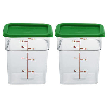 Cambro Food Storage Container with Lid (2 Pack) - Classic Series Square with Green Lid - 4 QT (Quart) - Commercial Grade for Food Prep (Clear)