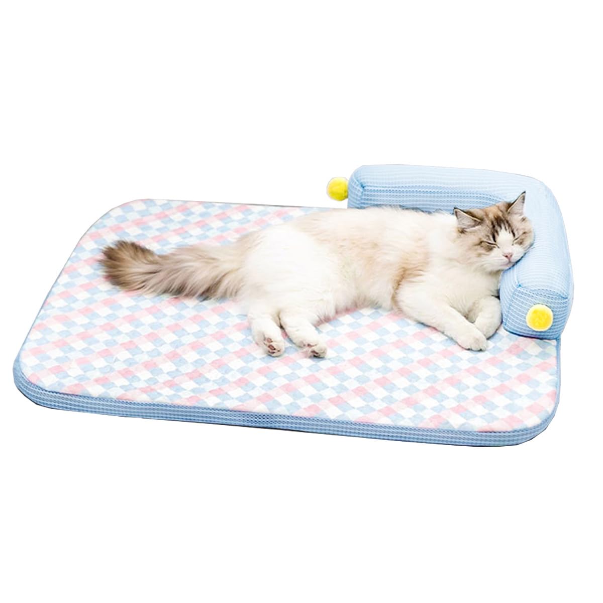 Cooling Cat Bed with Pillow – L-Shaped Sofa Design, Breathable Summer Mat for Kittens & Cats, Machine-Washable Cushion Calming Bed for Persian, Siamese, Small Pets (Blue, 21"x15"x4")