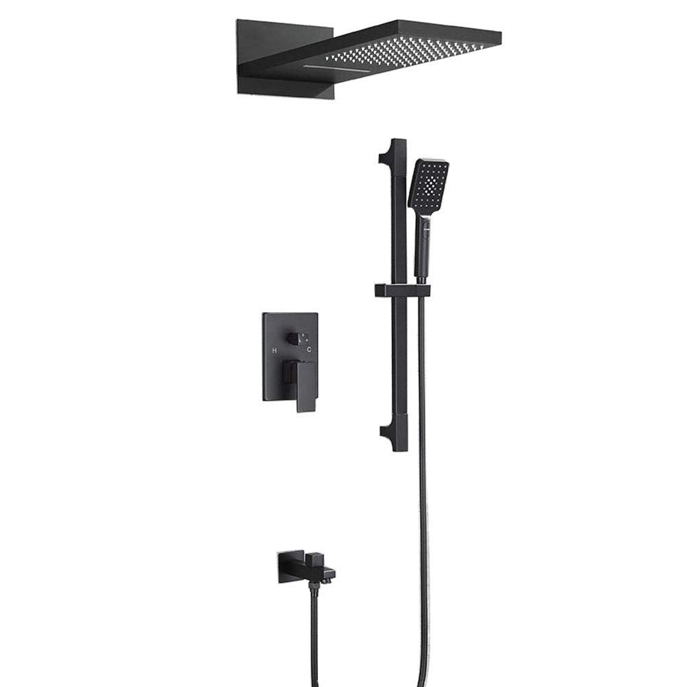 Shower System Black, Bathroom Luxury Dual Functions Waterfall Rain Shower Head, 3 Modes Handheld Shower, Wall Mounted Brass Bath Shower Set