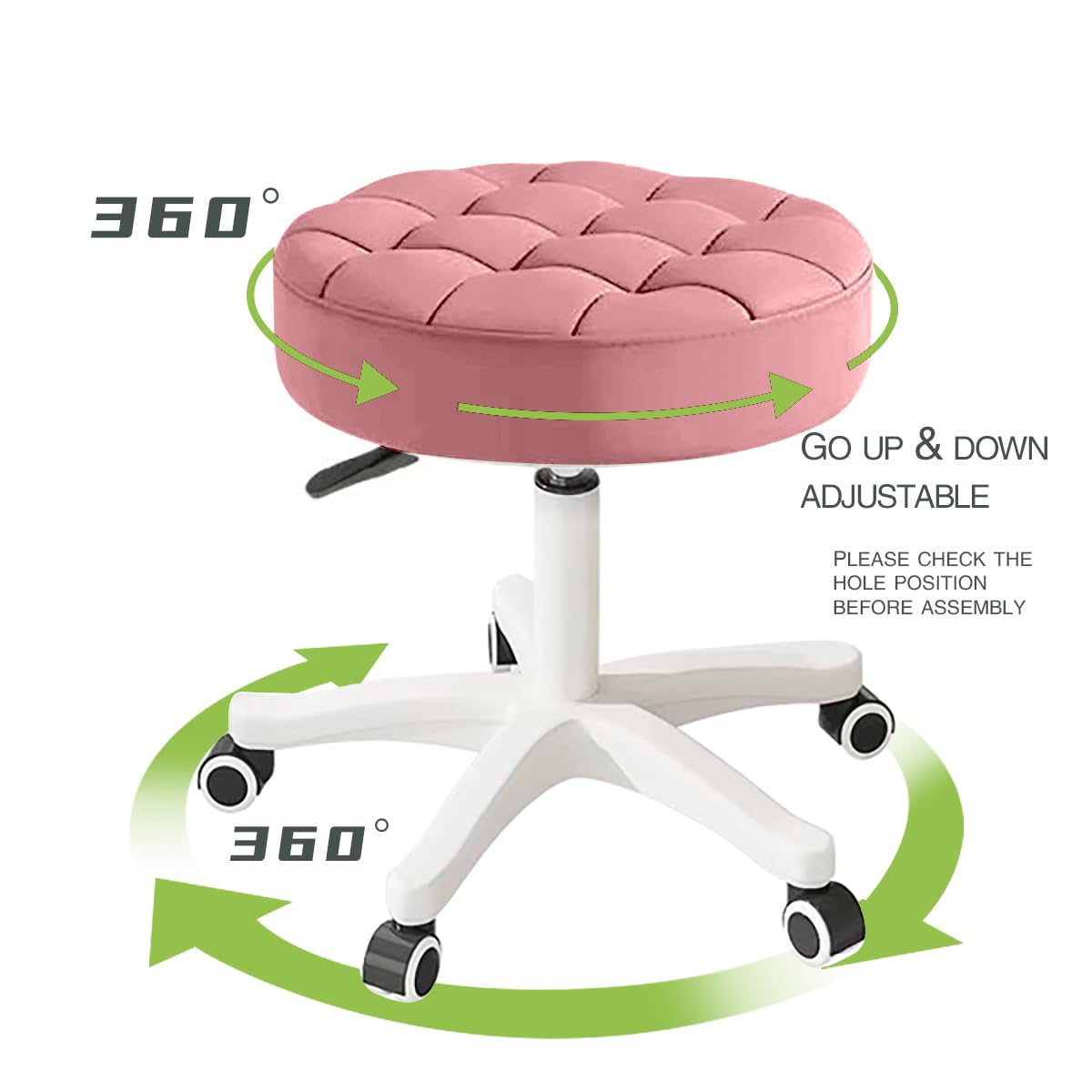 Small Chair Round Rolling Stool with Wheels Pu Leather Height Adjustable Swivel Drafting Work Spa Salon Stools Home Office Chair, Pink