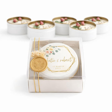 Wedding Candle Favor Set with Gift Box – Personalized Soy Wax Candles with Gold Seal & Gold String, Dried Flowers