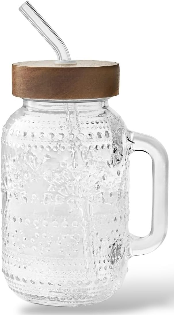 Pioneer Woman Glass Tumbler, 32oz, Clear, With Handle, Lid & Straw, Traditional, Floral & Garden Theme, All Occasions