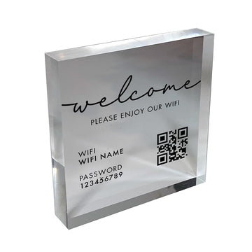 Personalized WiFi Password Sign Acrylic Block with Scannable QR Code for Home, Office, Coffee Shop, Internet Cafe, Lobby
