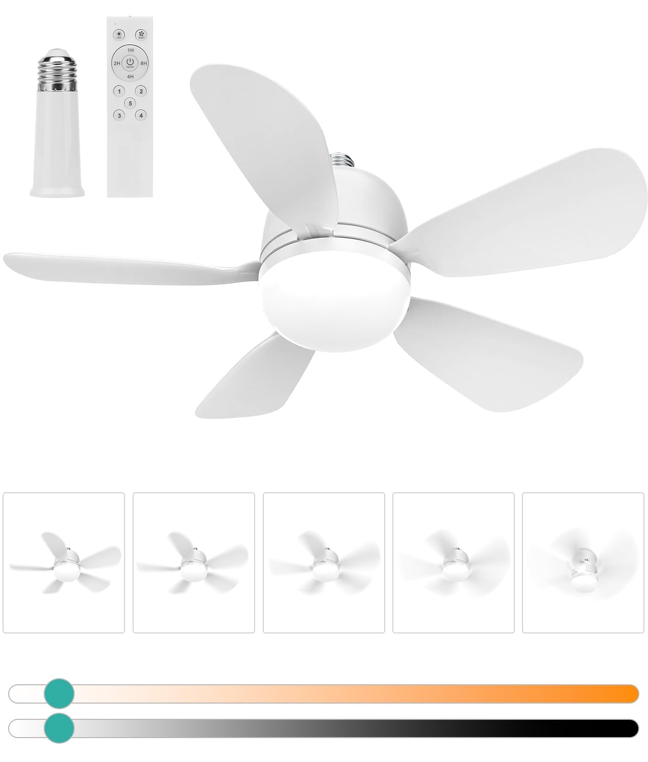 HK Socket Fan Light Small Ceiling Fan With Light and Remote, 20 Inch Screw-in for E26/E27 Base, 5 Speed Dimmable Mini for Bedroom Kitchen and Small Rooms, White