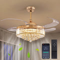 48" Modern Gold Crystal Ceiling Fan with Light and Remote Crystal Fandelier LED Dimmable Chandelier Fan with Invisible Reversible Fan Blades for Kitchen, Dining Room, Living Room,Bedroom