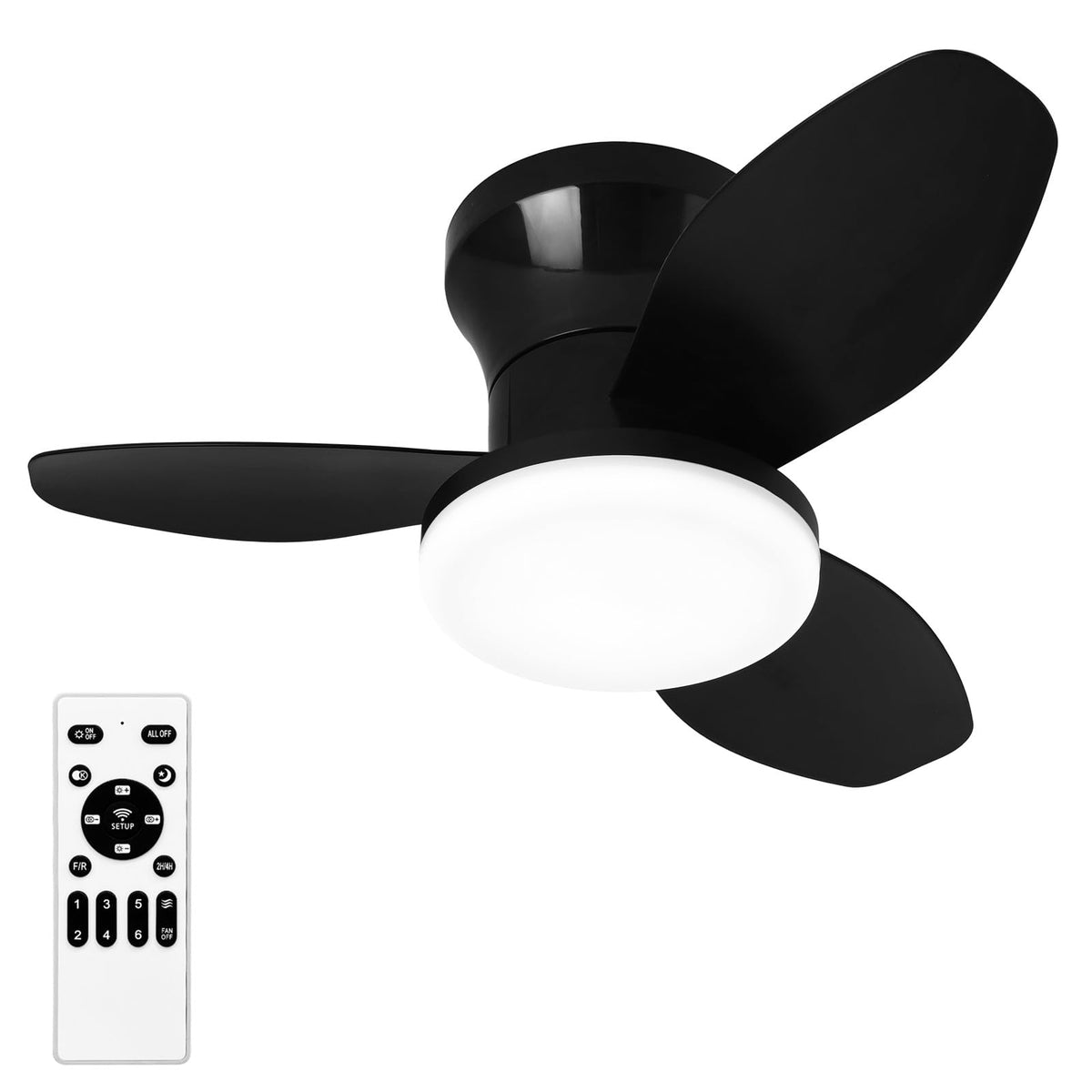 Small Ceiling Fan with Lights, 25" Flush Mount with Remote Control, Reversible Quiet DC Motor, Black, 3 Blades, 6 Speeds, Dimmable LED, Adjustable Color Temperature, Timer