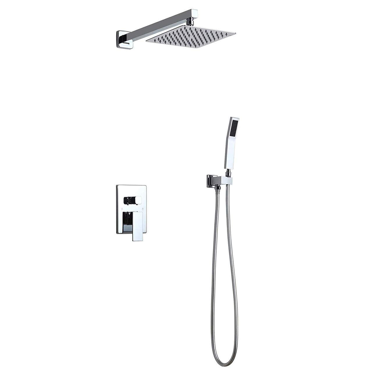 Shower System,2-Function Square Shower Faucet Wall Mounted Shower Combo Set for Bathroom with 8" Rain Shower Head, Pressure Balance Valve, Solid Brass in Polished Chrome Showe