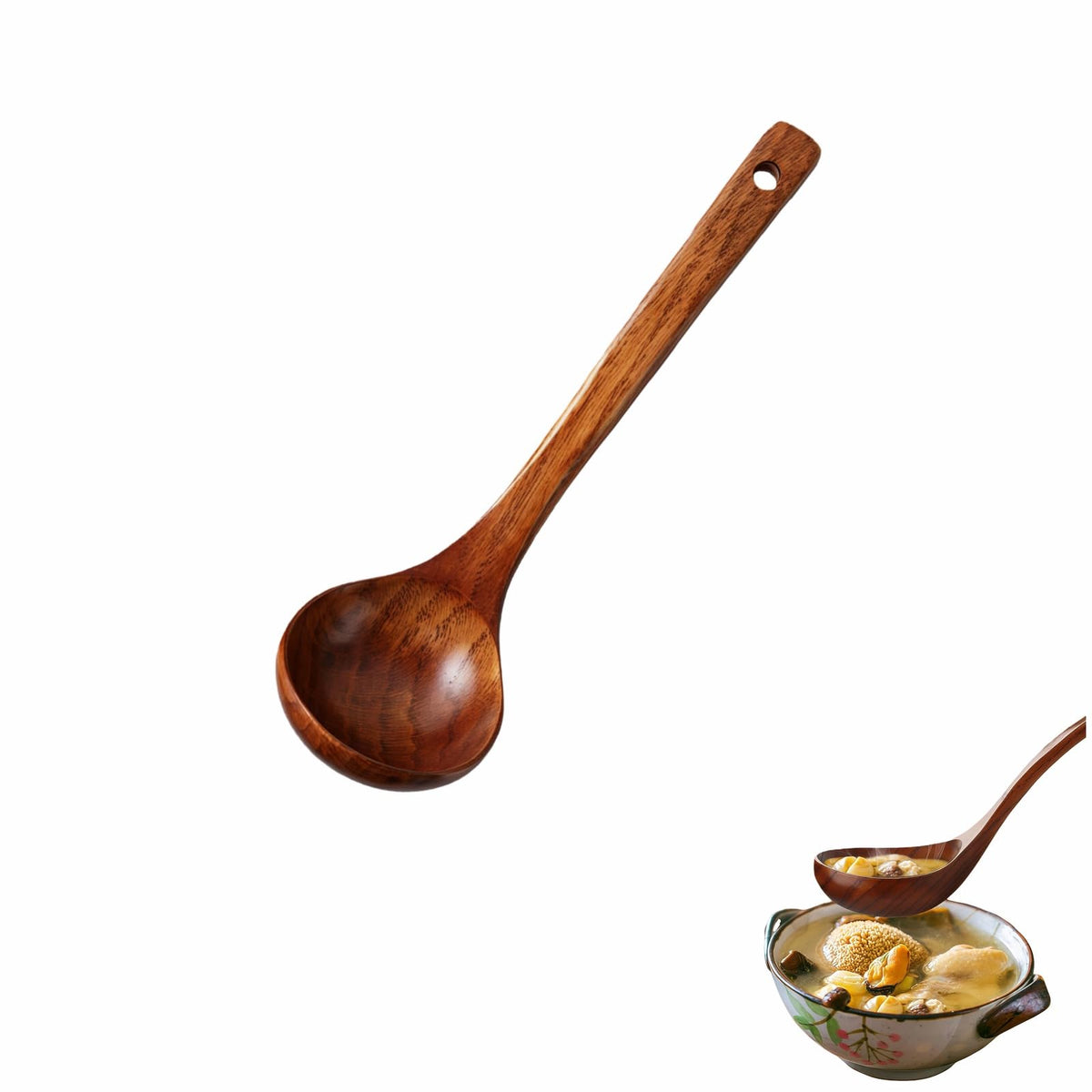 10" Premium Wooden Spoon for Cooking, Natural Teak - Non Drip, Heat Resistant & Comfort Grip, Handmade Smooth Wood Soup Spoon for Stirring, Serving, Non Stick Pots/Hot Soups and Broths