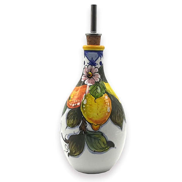 Italian Ceramic Olive Oil Dispenser Bottle - Hand Painted Oil Cruet Lemon Fruits Design for Kitchen - Made in ITALY Tuscany - Italian Pottery