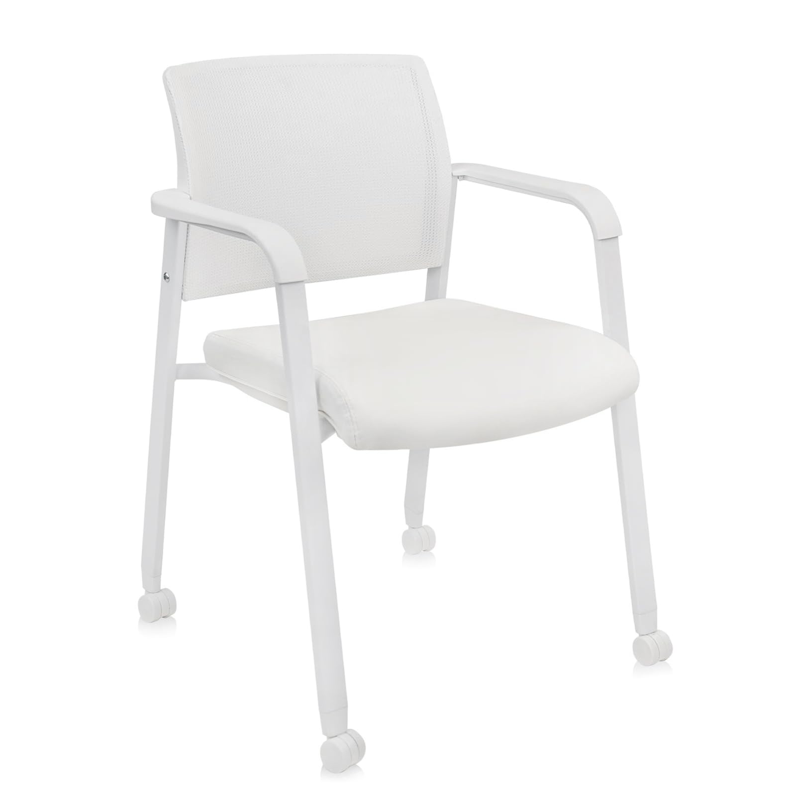 Clatina Mesh Back Guest Reception Stacking Chair with Wheels, Waiting Room Stackable Chairs with Upholstered Leather Seat & Ergonomic Lumbar