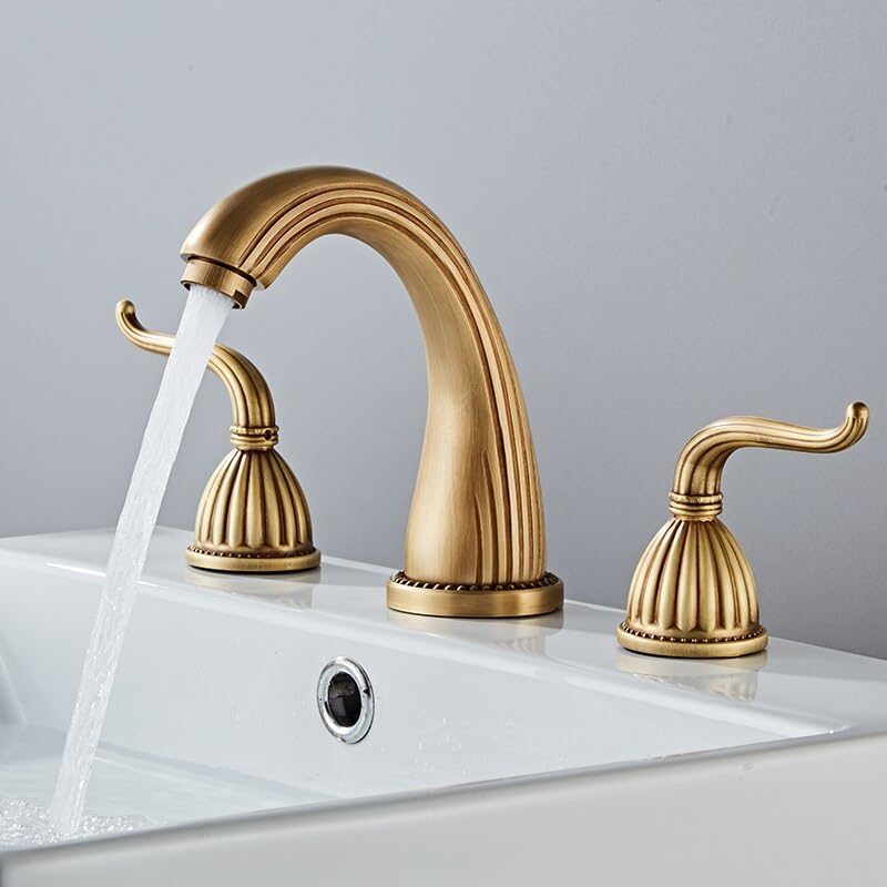 3PCS Gold/Antique Crystal Handles Basin Sink Faucets Hot Cold Bath Tub Mixers Deck Mounted Mixer Crane Bathtub Taps for Bathroom(Antique1)