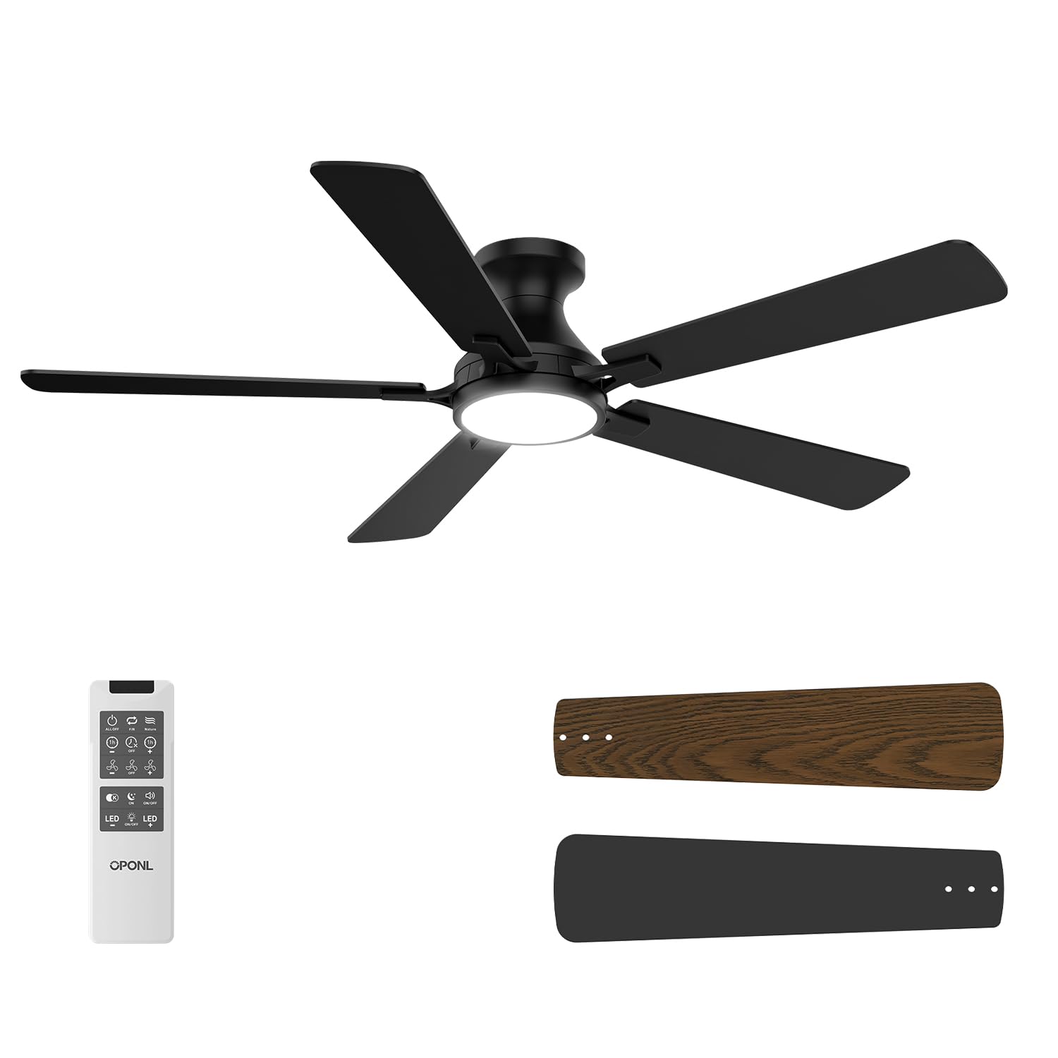 OPONL 52 Inch Black Ceiling Fan with Light, Remote Control, Low Profile, Noiseless, Reversible, Dimmable, Timeable, Metal Housing, Flush Mount Ceiling Fans with Lights for Bedroom, Indoor/Outdoor Use