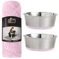 Gorilla Grip Thick Cat Litter Trapping Mat and Stainless Steel Dog Bowls Set of 2, Cat Mat is 35x23 Inch, Stainless Steel Dog Bowls Hold 2 Cups, Both in Light Pink Color, 2 Item Bundle