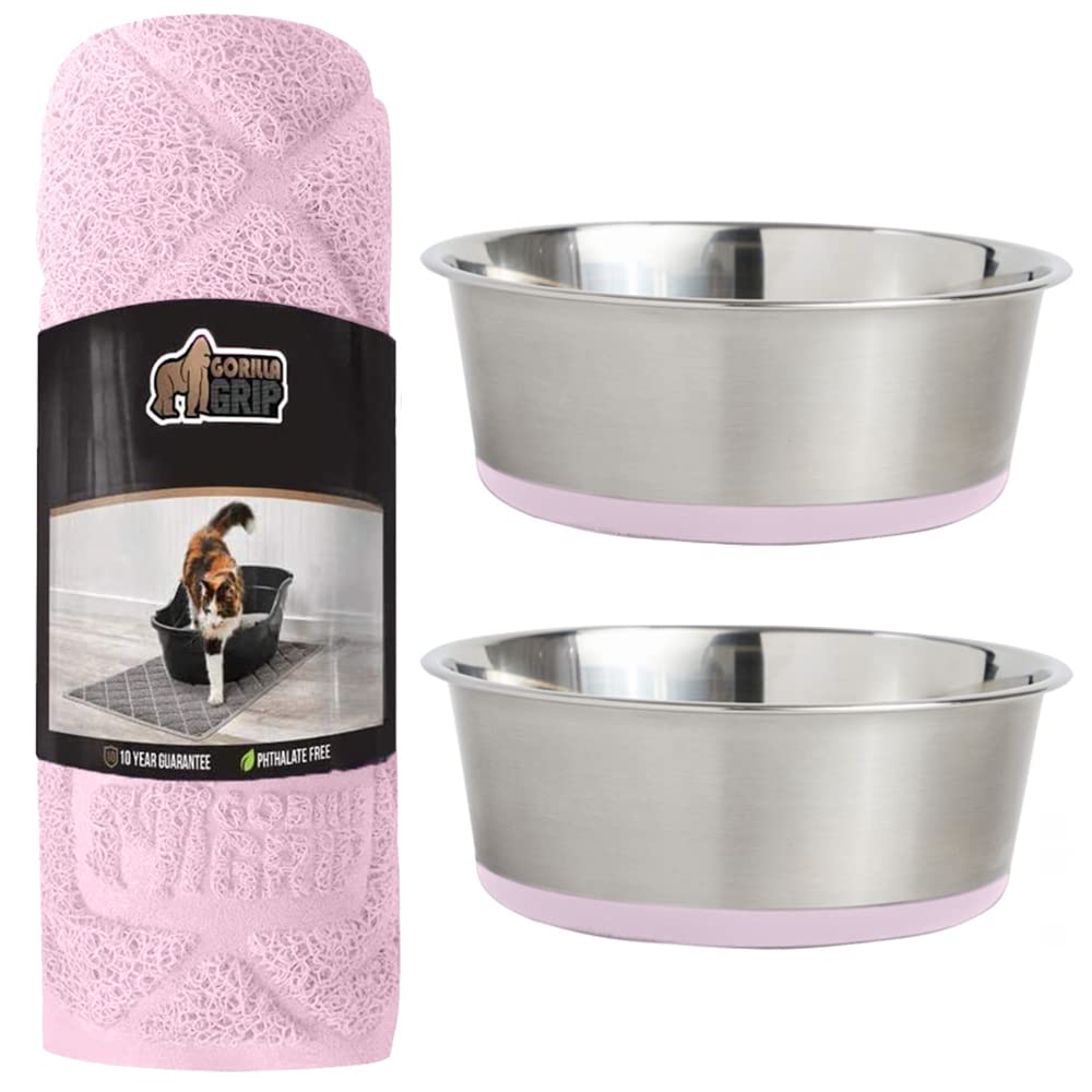 Gorilla Grip Thick Cat Litter Trapping Mat and Stainless Steel Dog Bowls Set of 2, Cat Mat is 35x23 Inch, Stainless Steel Dog Bowls Hold 2 Cups, Both in Light Pink Color, 2 Item Bundle