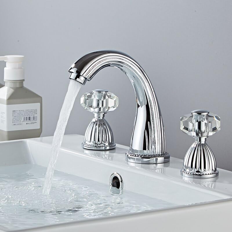 3PCS Gold/Antique Crystal Handles Basin Sink Faucets Hot Cold Bath Tub Mixers Deck Mounted Mixer Crane Bathtub Taps for Bathroom (Color : Chrome)