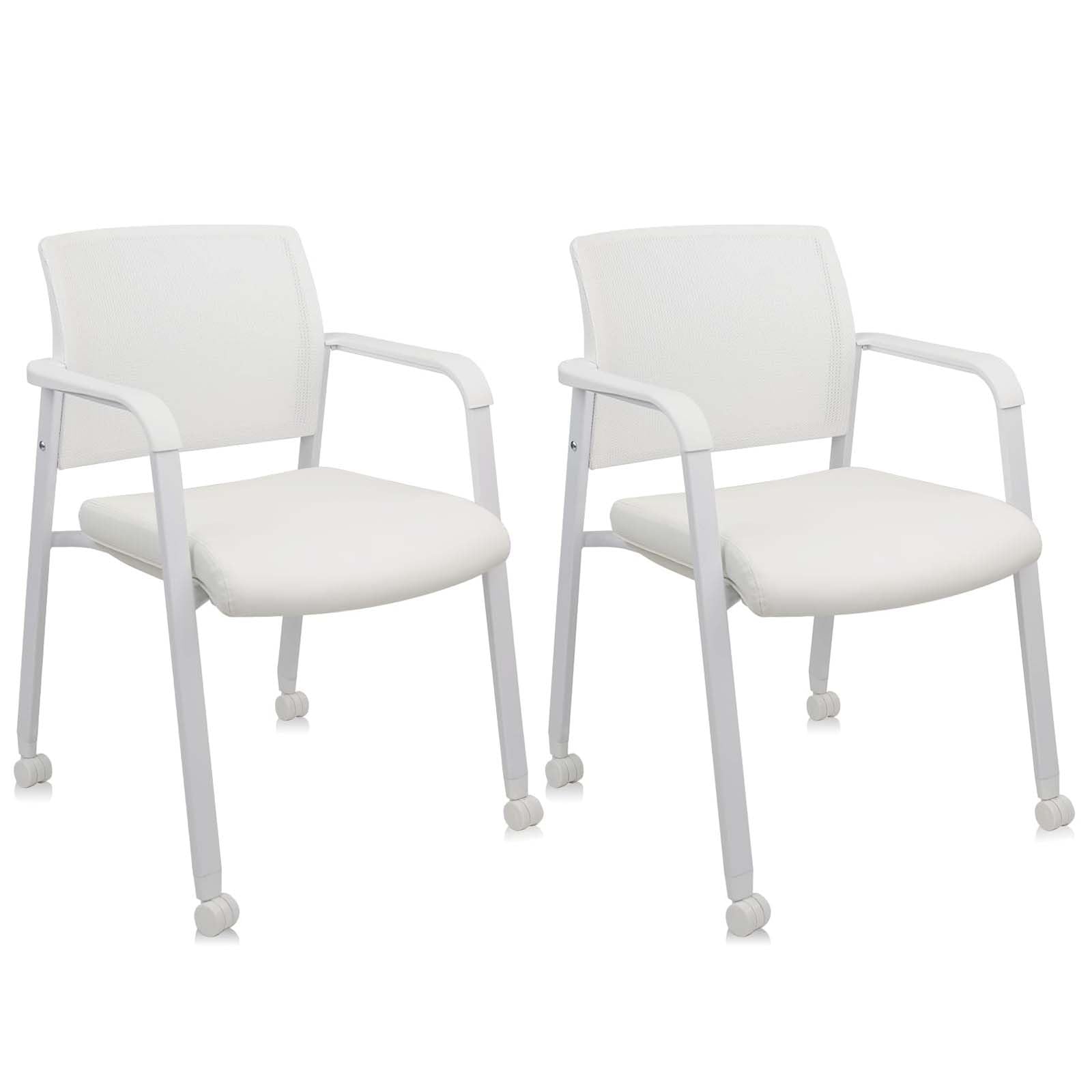 Clatina Stacking Office Chairs with Wheels | Mesh Back, Thicken Leather Seat and Streamline Armrests, Ergonomic Lumber Support | School, Desk,