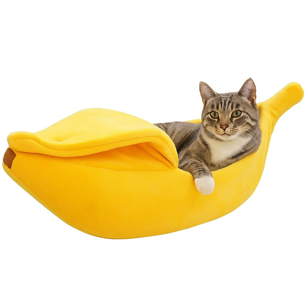Banana Cat Bed for Cats & Small Dogs – Funny Yellow Plush Pet Cave, Comfy Indoor Hideaway for Kittens, Puppies, and Small Pets