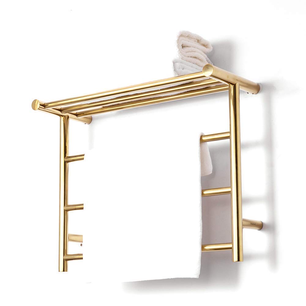 Towel Warmer, 304 Stainless Steel Heated Towel Rail Radiator Wall-Mounted Electric Towel Rack with Shelf for Bathroom, Gold, 3 Bars,Hard Wire