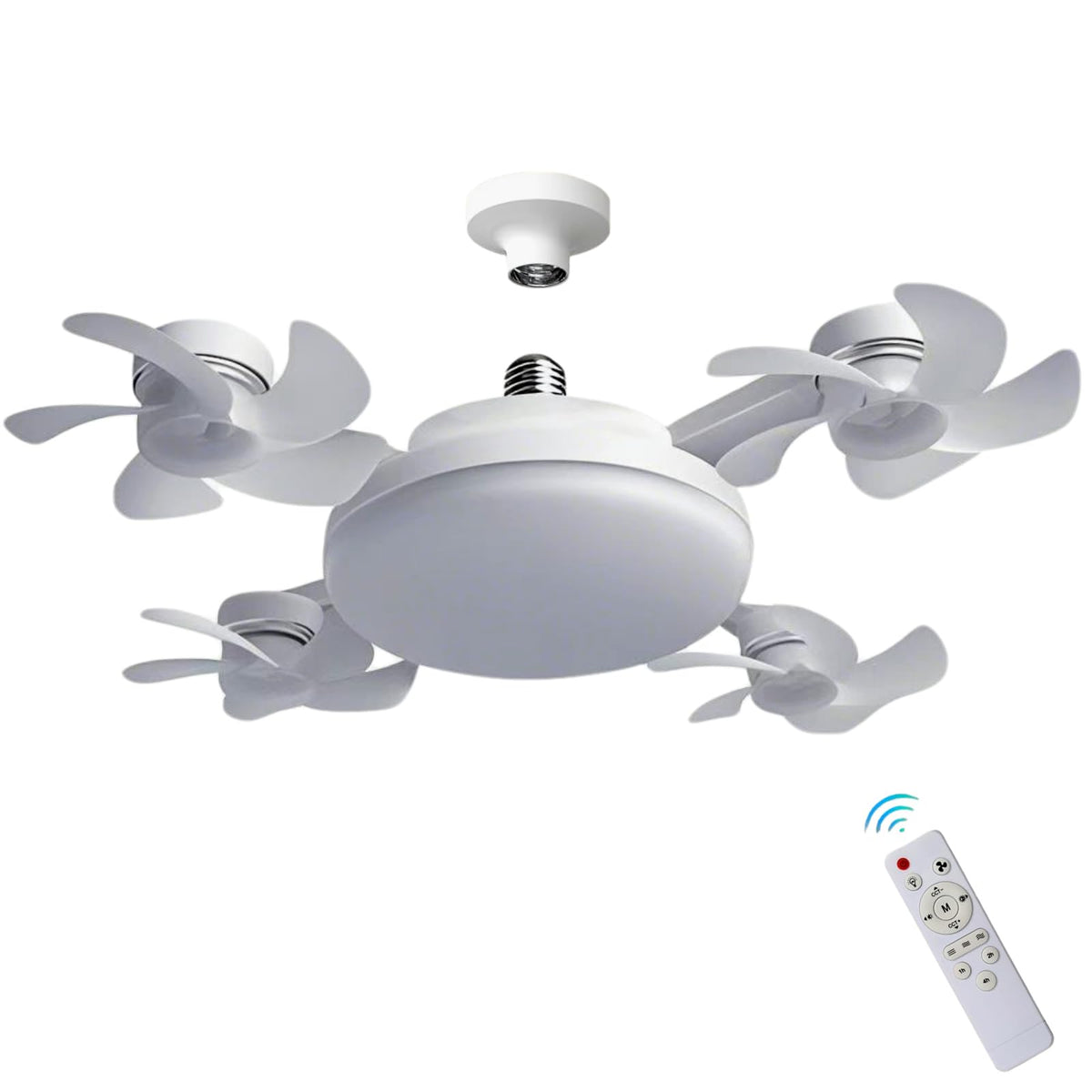 Socket Fan Light, Screw in Ceiling Fan with Remote Control Light Bulb Dimmable 3 Color Temperatures & 3 Wind Speeds E27 Screw-in Installation for Bedroom, Kitchen, Garage (4 Head)