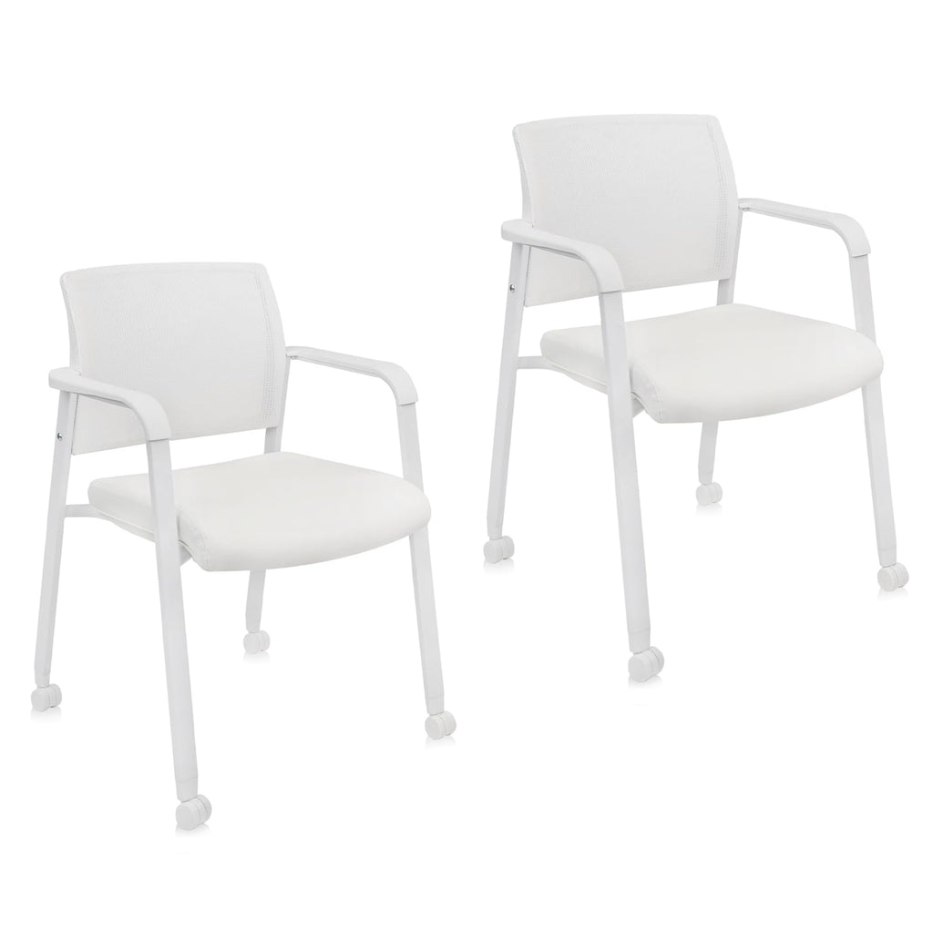Clatina Mesh Back Guest Reception Stacking Chair with Wheels, Waiting Room Stackable Chairs with Upholstered Leather Seat & Ergonomic Lumbar