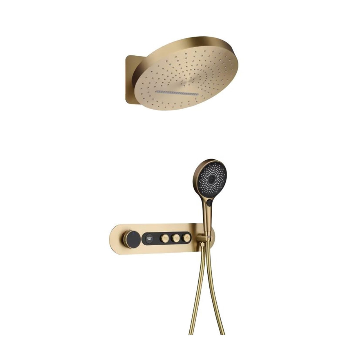 Thermostatic Shower System, Digital Display Bathroom Shower Faucet Set Brushed Gold Shower Fixtures Shower Kit with Valve, 2 Modes Rain Shower Head, 3 Modes Handheld Shower Head