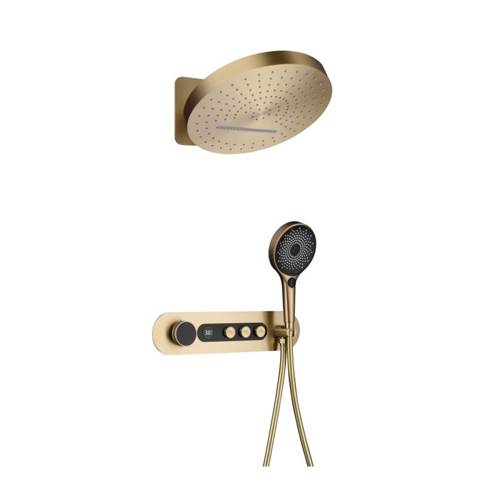 Thermostatic Shower System, Digital Display Bathroom Shower Faucet Set Brushed Gold Shower Fixtures Shower Kit with Valve, 2 Modes Rain Shower Head, 3 Modes Handheld Shower Head