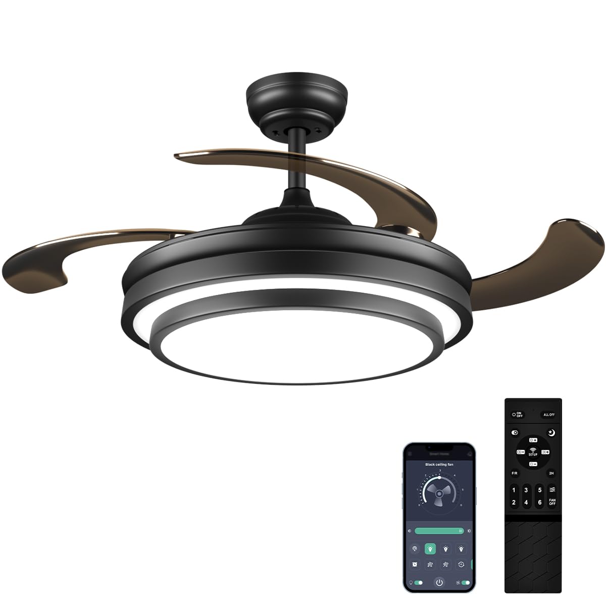 48 Inch Retractable Ceiling Fan with Lights and Remote,Black Fandelier Ceiling Fan with APP Control 6 Speed Dimmable LED Ceiling Fans Silent Reversible Motor for Bedroom Kitchen Living Room