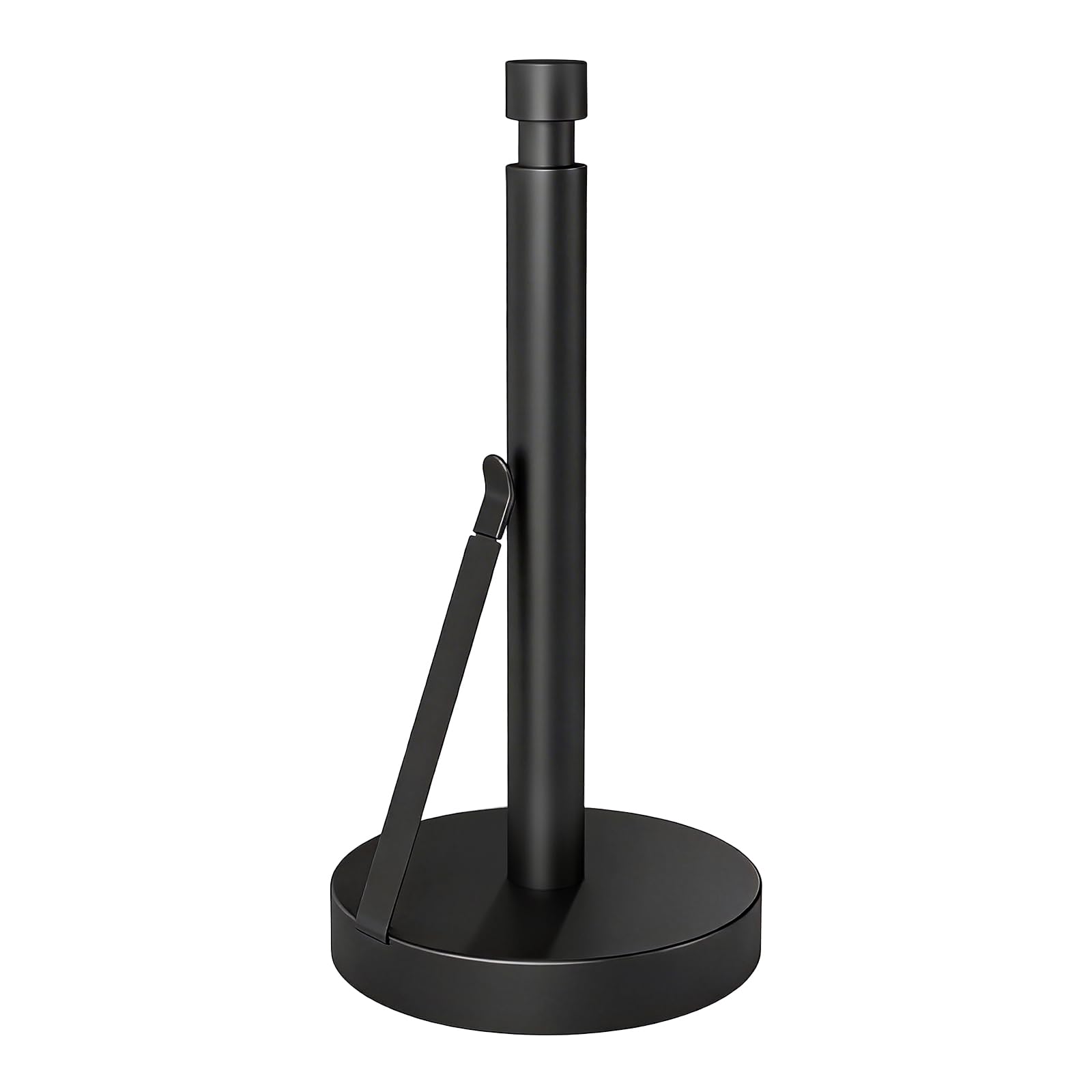 Heavy Duty Stainless Steel Paper Towel Holder – Easy One-Handed Tear, Weighted Base Non-Slip, Tension Arm Prevents Unraveling, Countertop Paper Stand for Kitchen, Fits Most Size Rolls (Black)