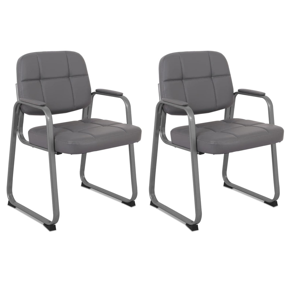 Clatina Waiting Room Chair | Leather Guest Chair with Padded Arms No Wheels for Office Reception Conference Desk with Sled Base Grey, 2pk