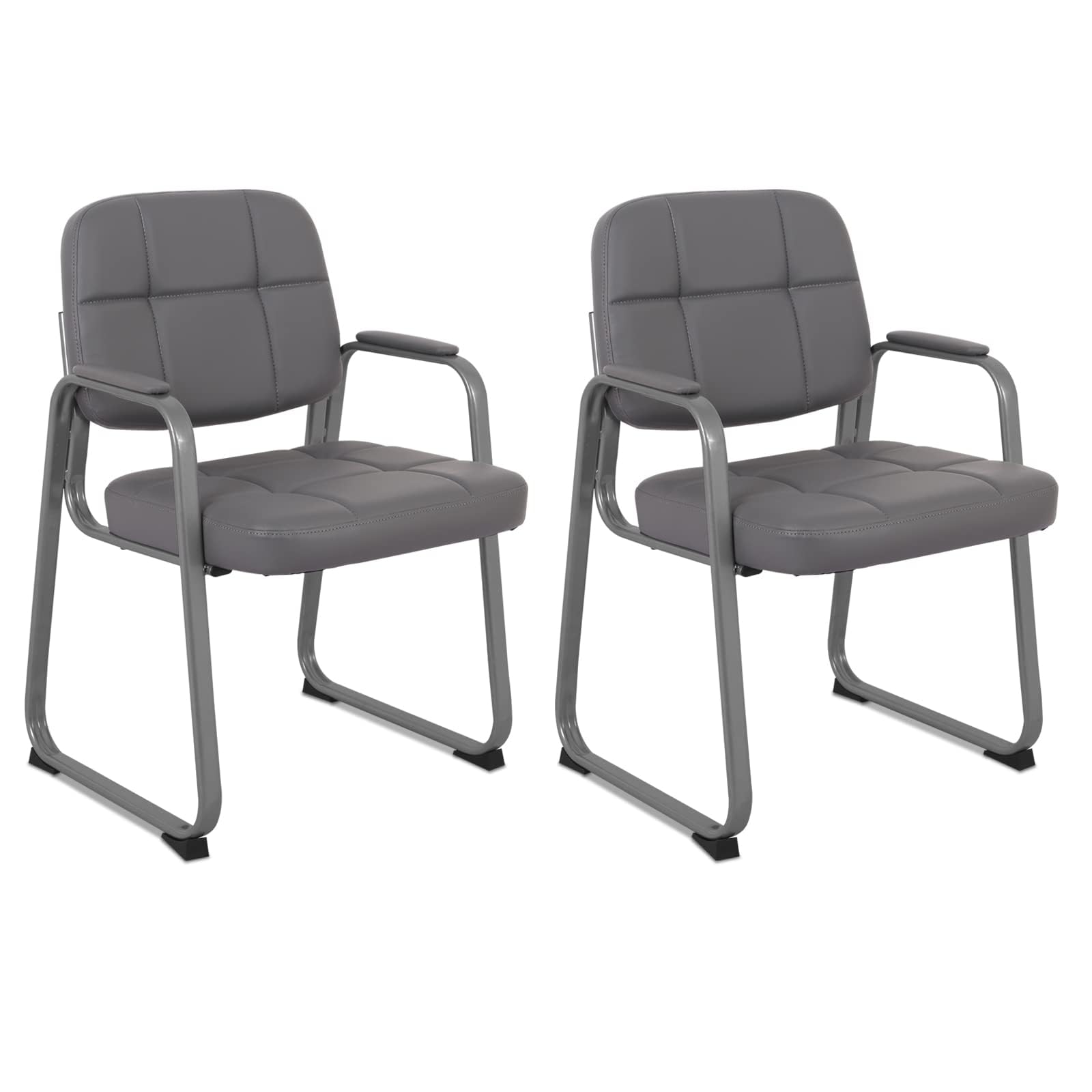Clatina Waiting Room Chair | Leather Guest Chair with Padded Arms No Wheels for Office Reception Conference Desk with Sled Base Grey, 2pk