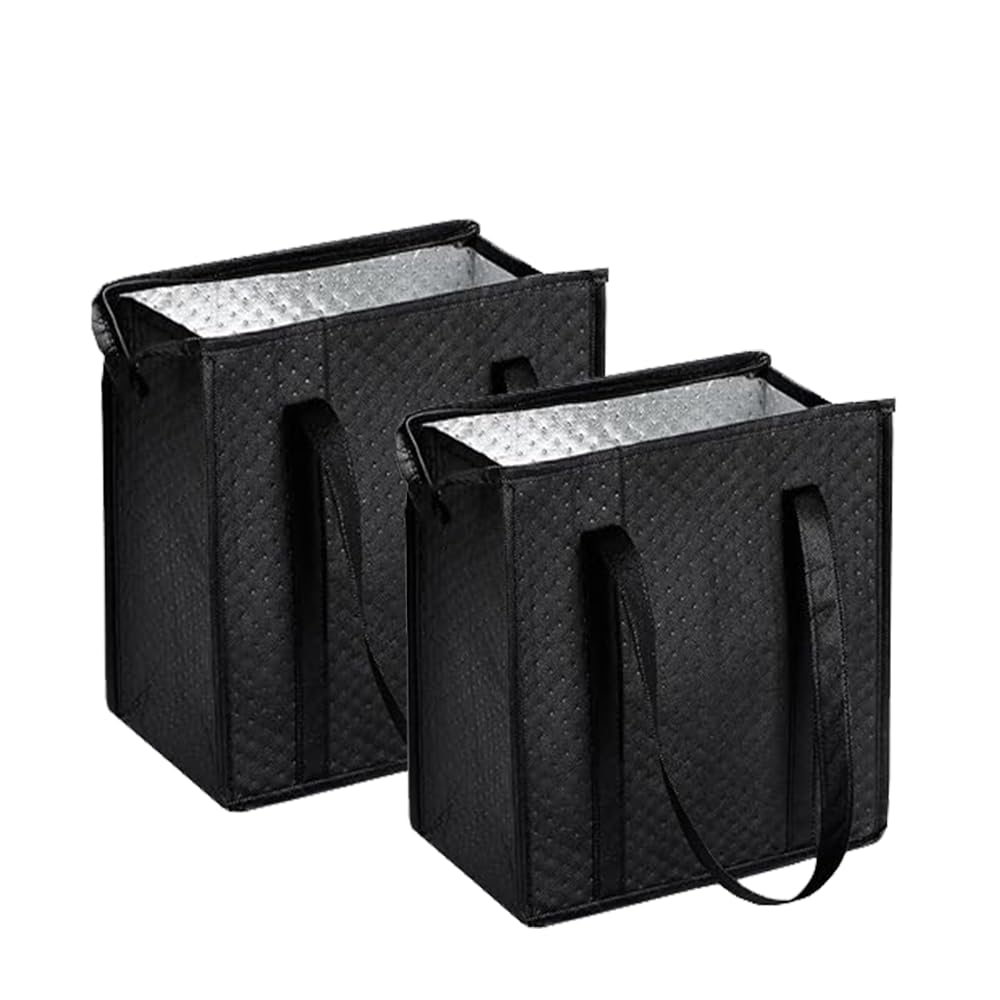 18L Insulated Grocery Bags with Zipper, Reusable Thermal Cooler Tote Bag for Hot & Cold Food, Foldable Shopping Bag (2, Black)