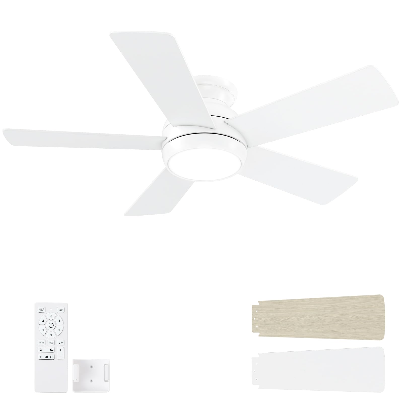 POCHFAN 42 Inch White Ceiling Fans with Lights and Remote, LED Low Profile Flush Mount Ceiling Fan for Bedroom, Living Room, Patio, Quiet DC Motor, 5 Blades