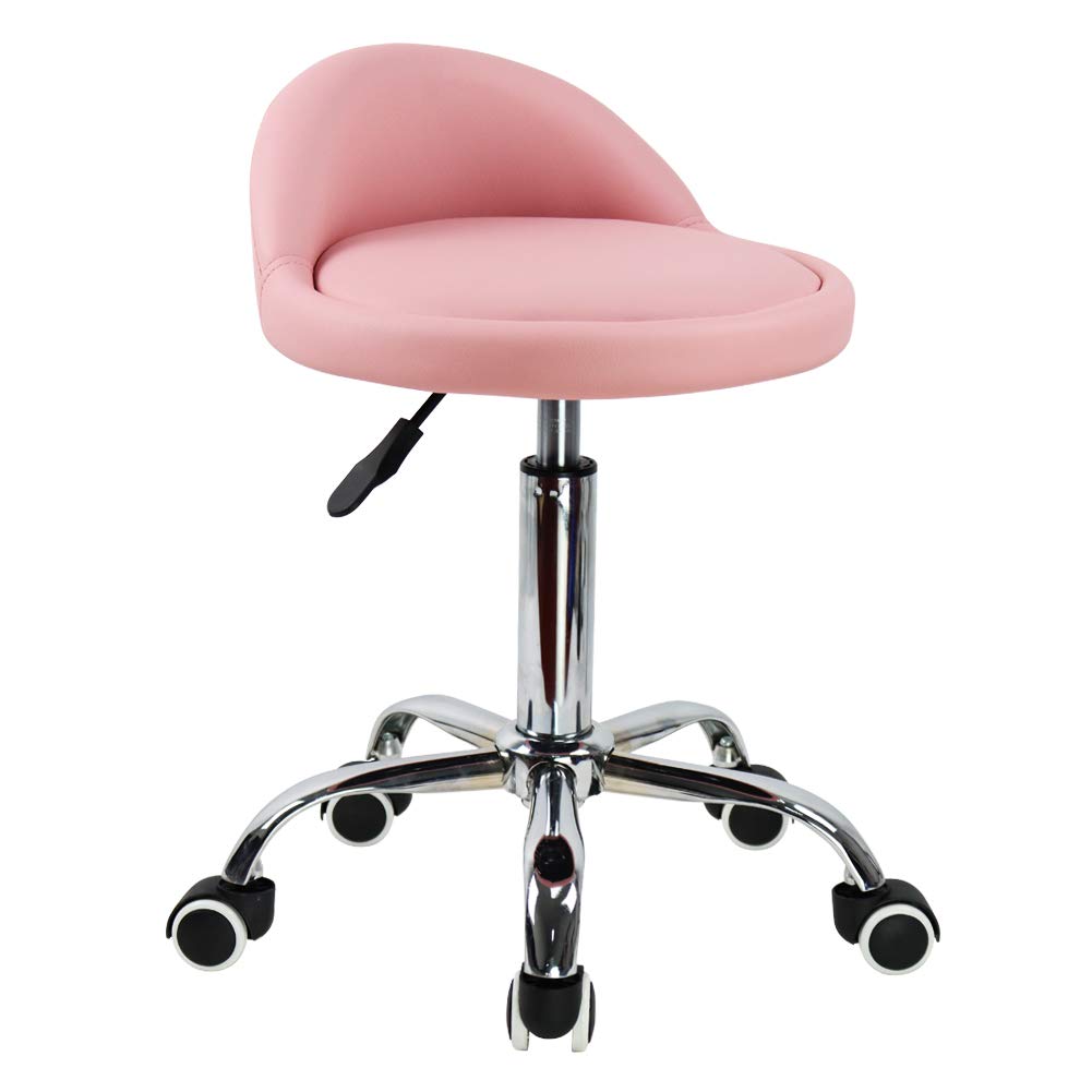 Kktoner Pu Leather Round Rolling Stool with Back Rest Height Adjustable Swivel Drafting Work Spa Task Chair with Wheels Pink