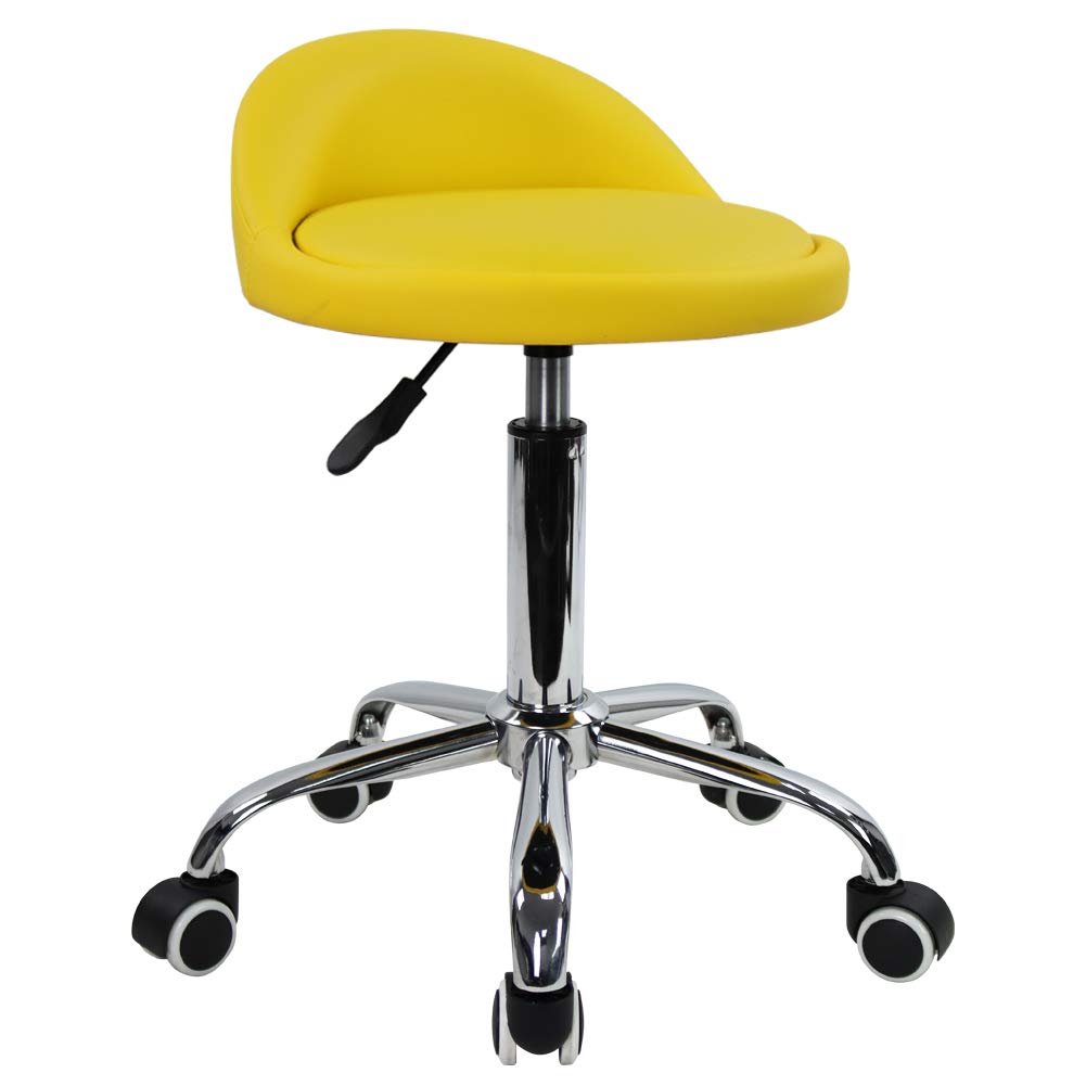 Kktoner Pu Leather Round Rolling Stool with Back Rest Height Adjustable Swivel Drafting Work Spa Task Chair with Wheels (yellow)