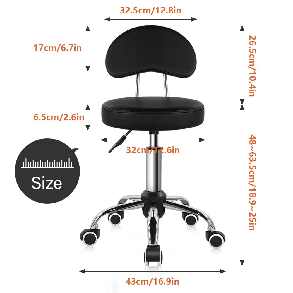 Kktoner Rolling Stool with Mid Back Height Adjustable Chair Pu Leather Swivel Chair with Wheels for Office Home Task Drafting (black)