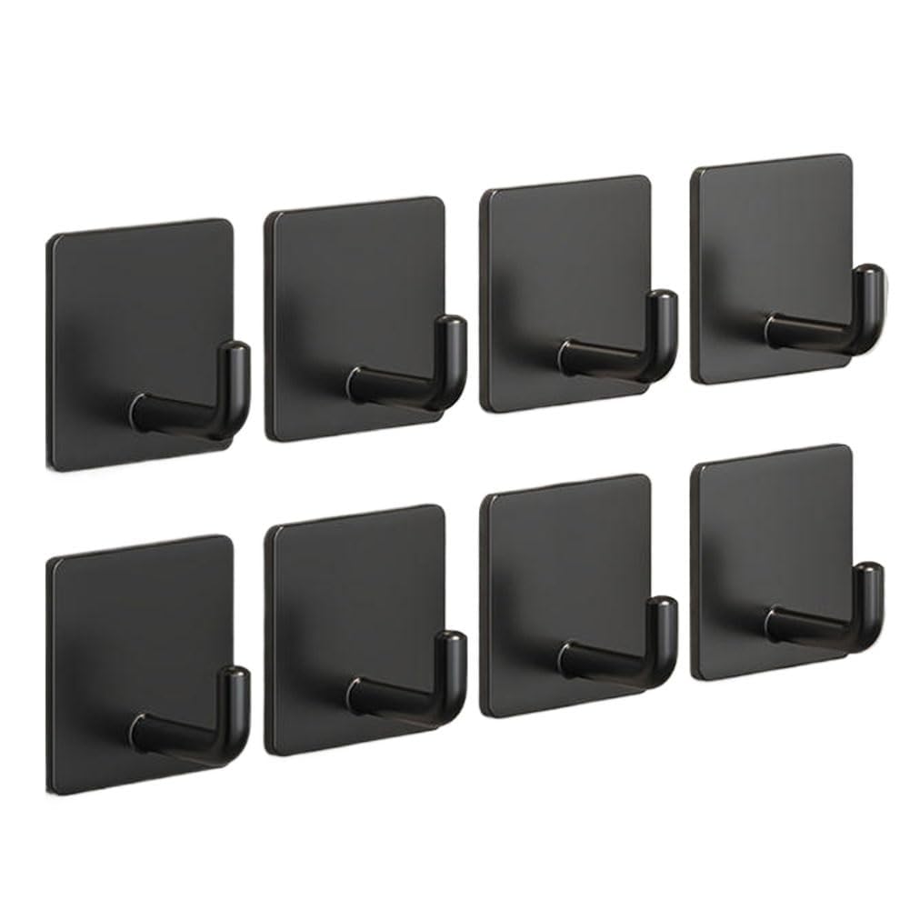 Adhesive Hooks for Hanging, Self-Adhesive Wall Hook for Key Hat Coat, No Drill Stick on Bathroom Towel Hooks, Shower Kitchen Door Home Outdoor 8 Pack, Black