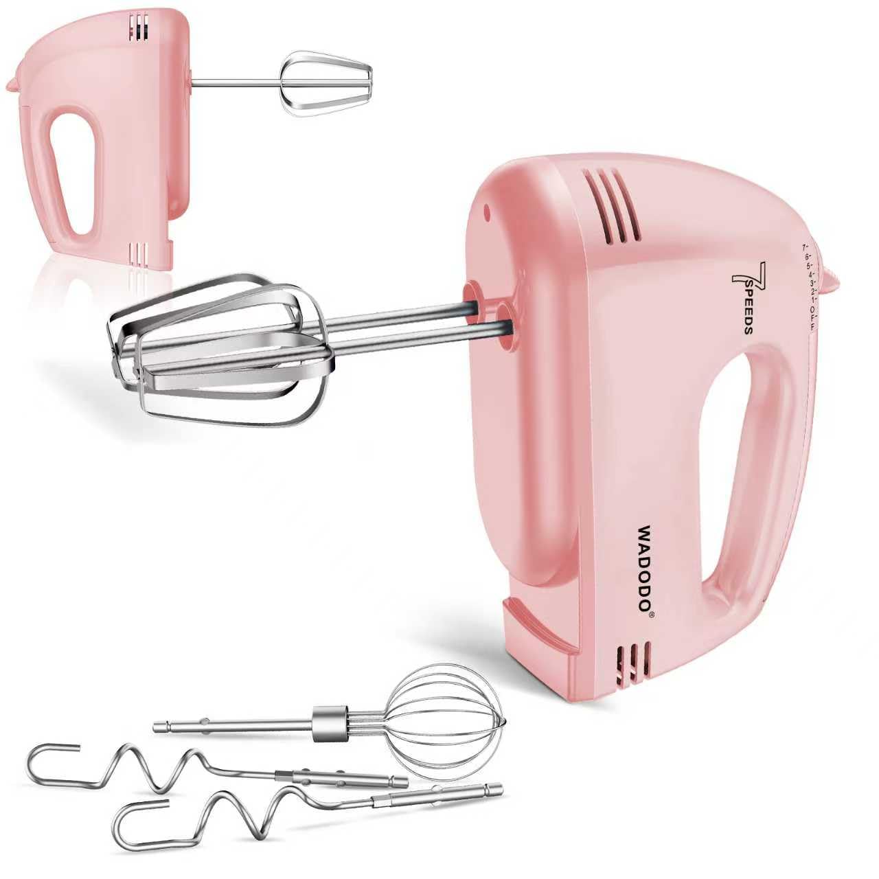 WADODO 7-Speed Electric Hand Mixer – Portable Food Mixer Kitchen Mixer with 304 *(1x Whisk, 2x Beater, 2x Dough hook) for Baking Cakes, Cream, Cookies, Light Pink