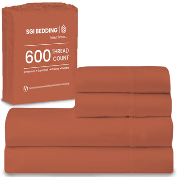 SGI bedding 100% Egyptian Cotton Sheets Full Size – 600 Thread Count Sheets Set, Soft, Cooling, 15" Deep Pocket, Luxury Hotel Bedding, Breathable, Durable - Terracotta