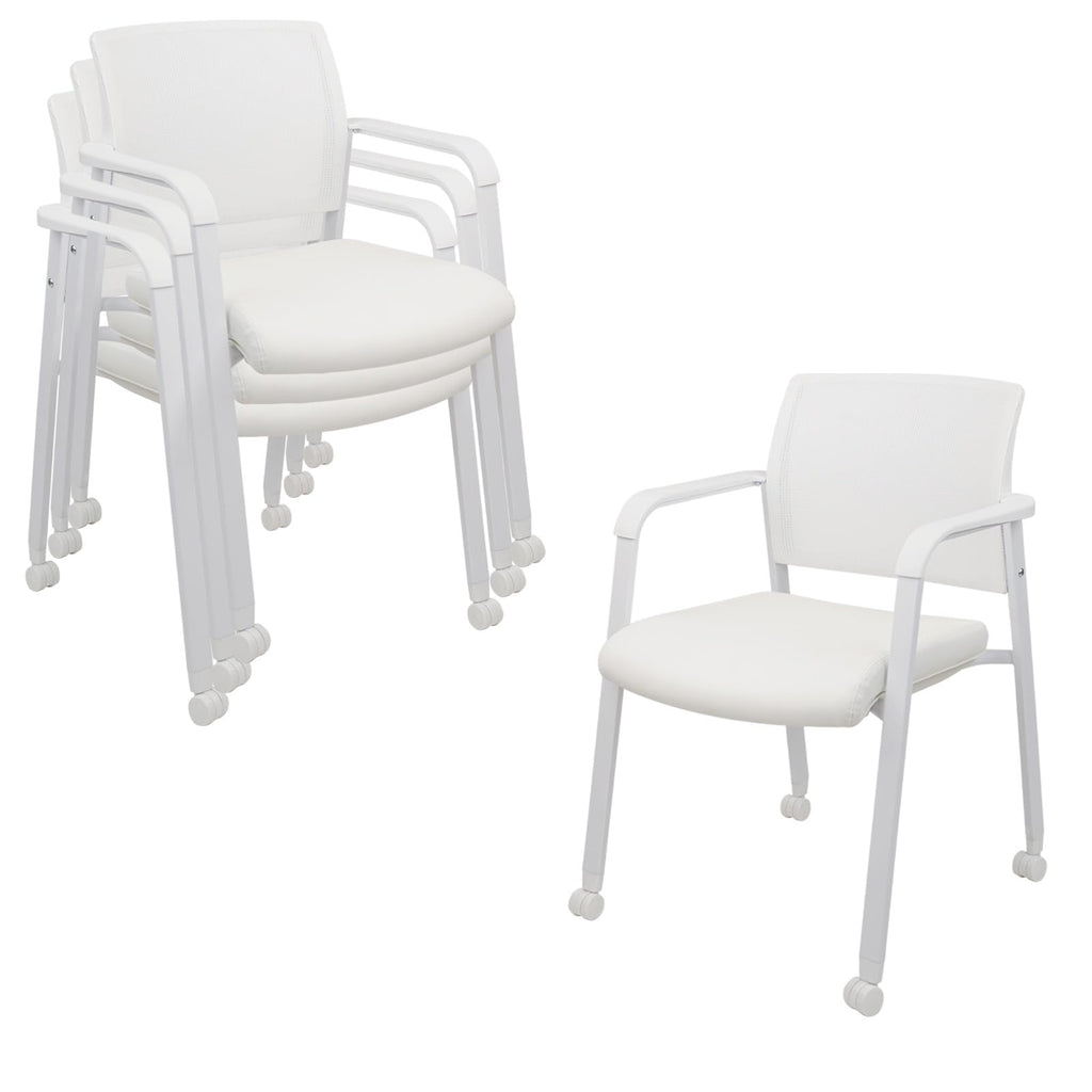 Clatina Stacking Office Chairs with Wheels | Mesh Back, Thicken Leather Seat and Streamline Armrests, Ergonomic Lumber Support | School, Desk,