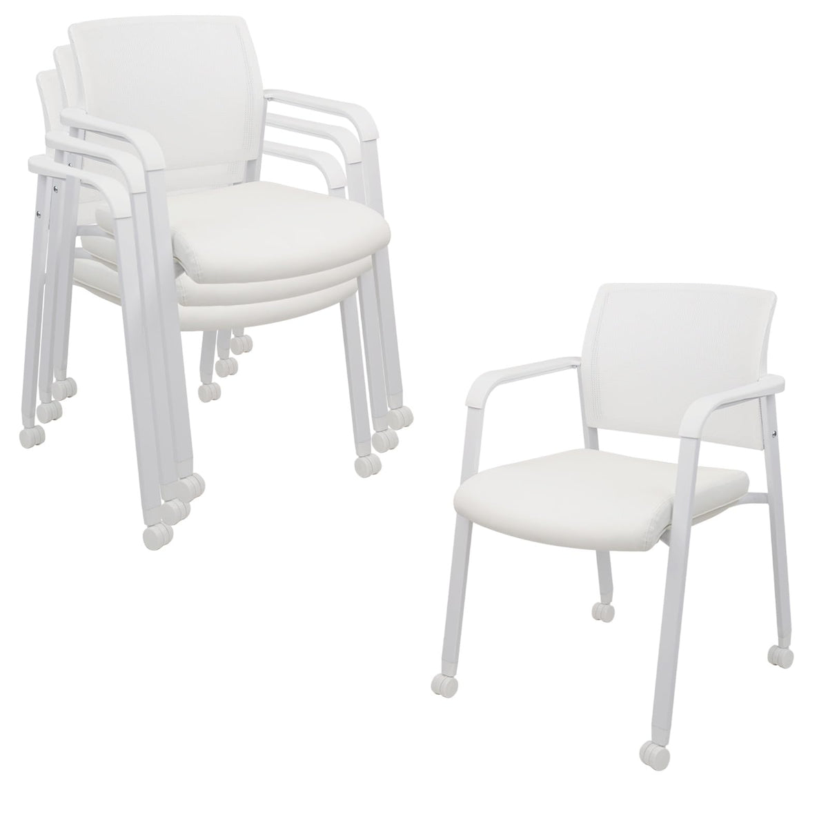 Clatina Stacking Office Chairs with Wheels | Mesh Back, Thicken Leather Seat and Streamline Armrests, Ergonomic Lumber Support | School, Desk,