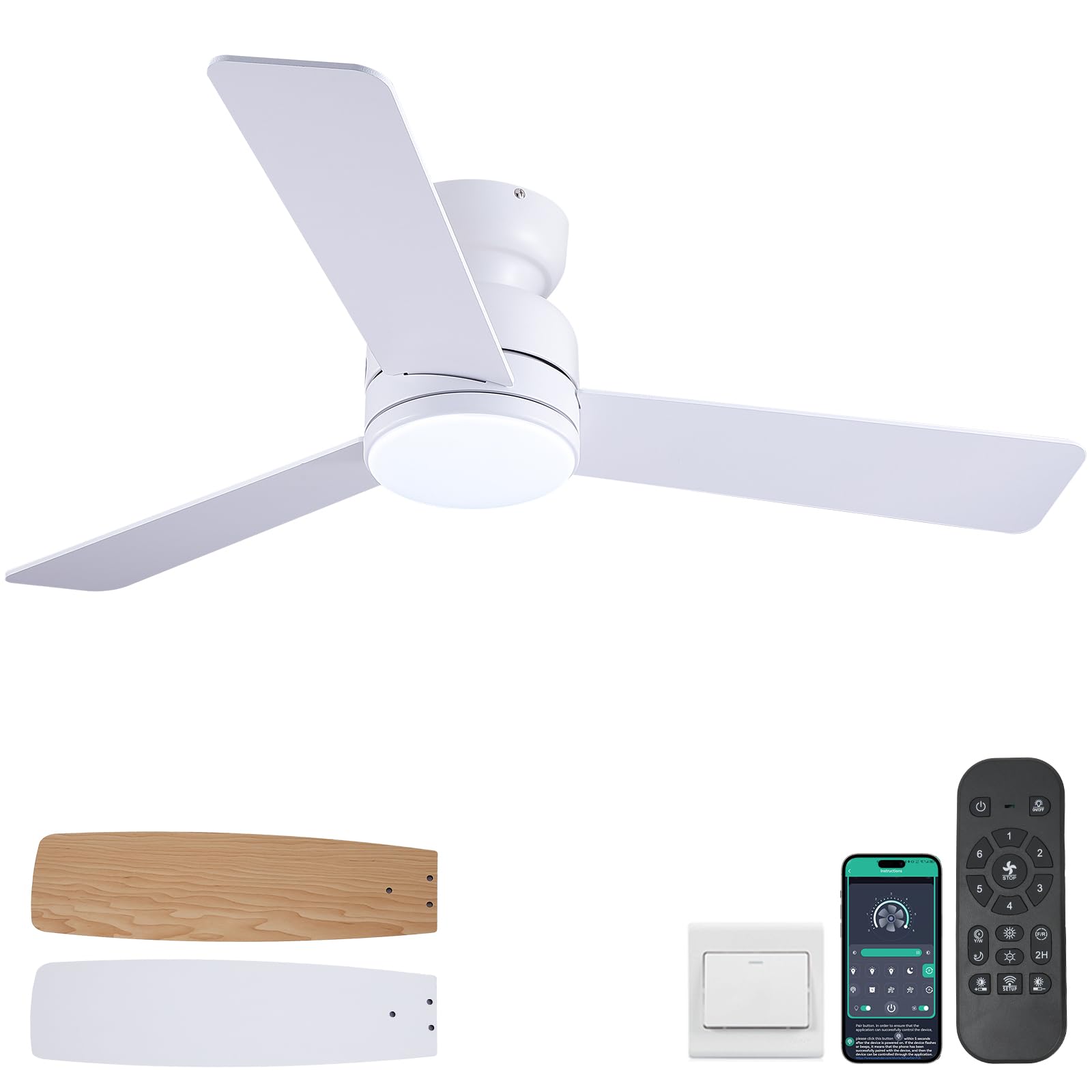 Kviflon 46 inch Ceiling Fans with Lights and Remote/APP Control, Low Profile Ceiling Fan with Light, Flush Mount, 3CCT, 3 Reversible Blades 6 Speeds Modern Ceiling Fan for Bedroom Living Room, White