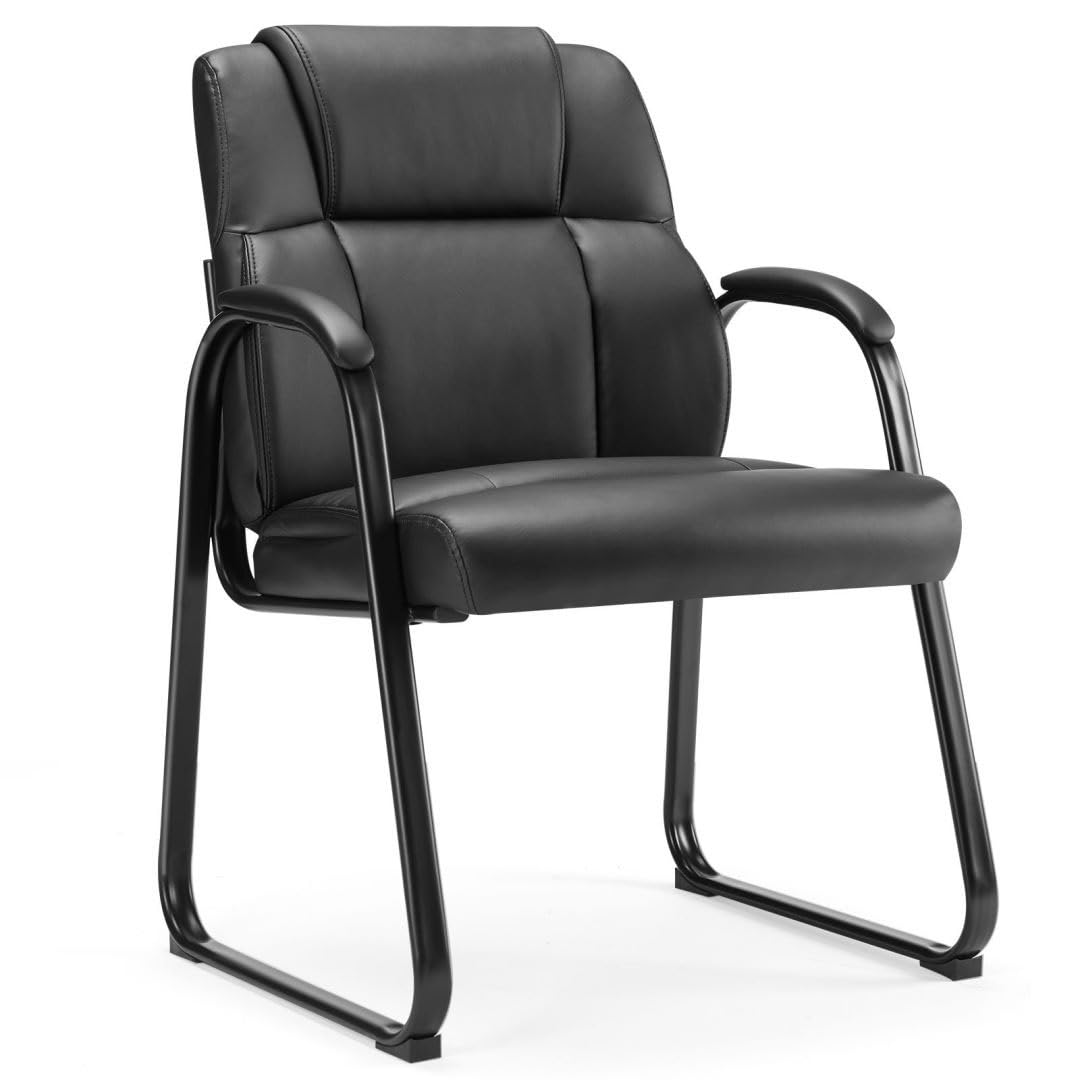 Uocfyk Pu Leather Conference Room Chair, Tall Back Chairs with Padded Arms and No Wheels, Guest Chair for Reception Waiting Room Black